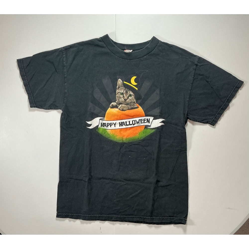 VTG Y2K Happy Halloween Cat Pumpkin T Shirt Women M Black Spooky Graphic Tee